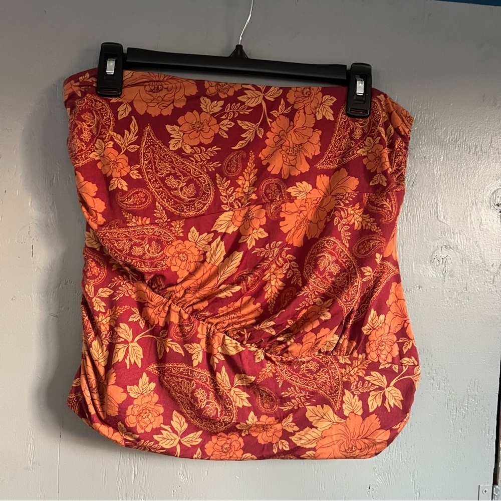 Free People Floral Women Strapless Tube Top Red and Orange Floral Skirt Size M